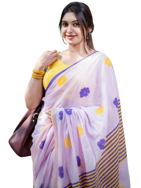 Premium Linen Cotton Saree with Floral Butti and Zari Border - Purple | Daily Wear & Festive Wear