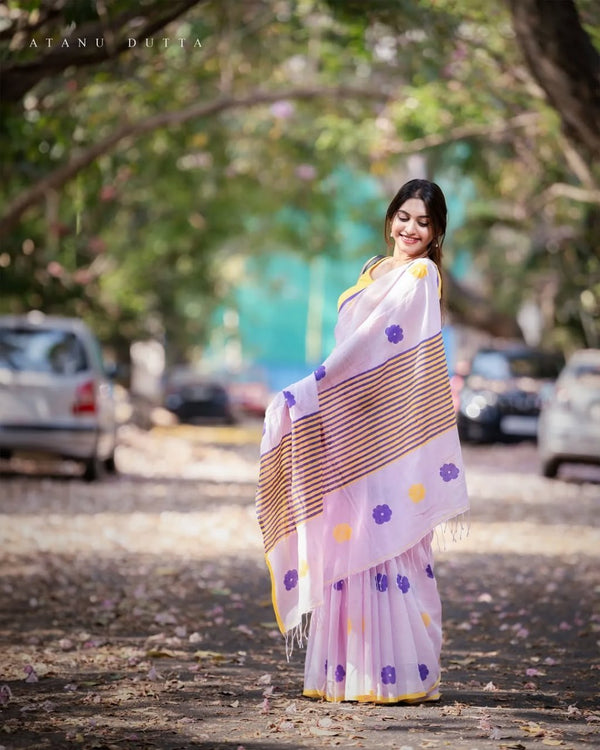 Premium Linen Cotton Saree with Floral Butti and Zari Border - Purple | Daily Wear & Festive Wear