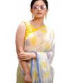 Premium Linen Cotton Saree with Floral Digital Print and Striped Pallu - White | Daily Wear & Festive Wear