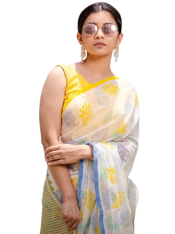 Premium Linen Cotton Saree with Floral Digital Print and Striped Pallu - White | Daily Wear & Festive Wear