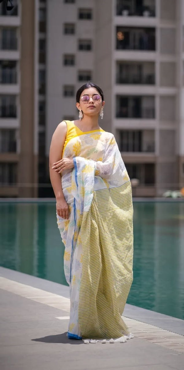 Premium Linen Cotton Saree with Floral Digital Print and Striped Pallu - White | Daily Wear & Festive Wear