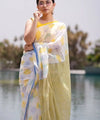 Premium Linen Cotton Saree with Floral Digital Print and Striped Pallu - White | Daily Wear & Festive Wear