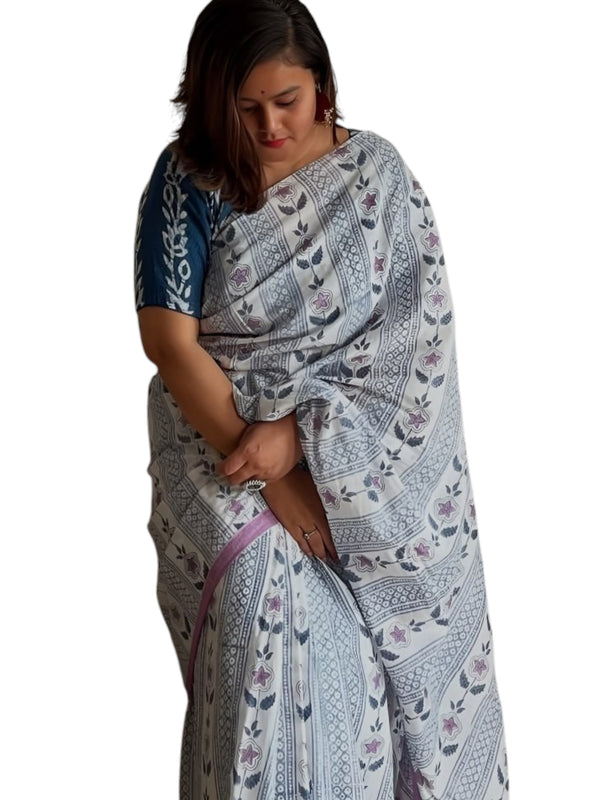 Premium Linen Cotton Saree with Floral Print - Multi | Daily Wear & Festive Wear