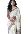 Premium Linen Cotton Saree with Kalamkari Inspired Borders - White | Daily Wear & Festive Wear