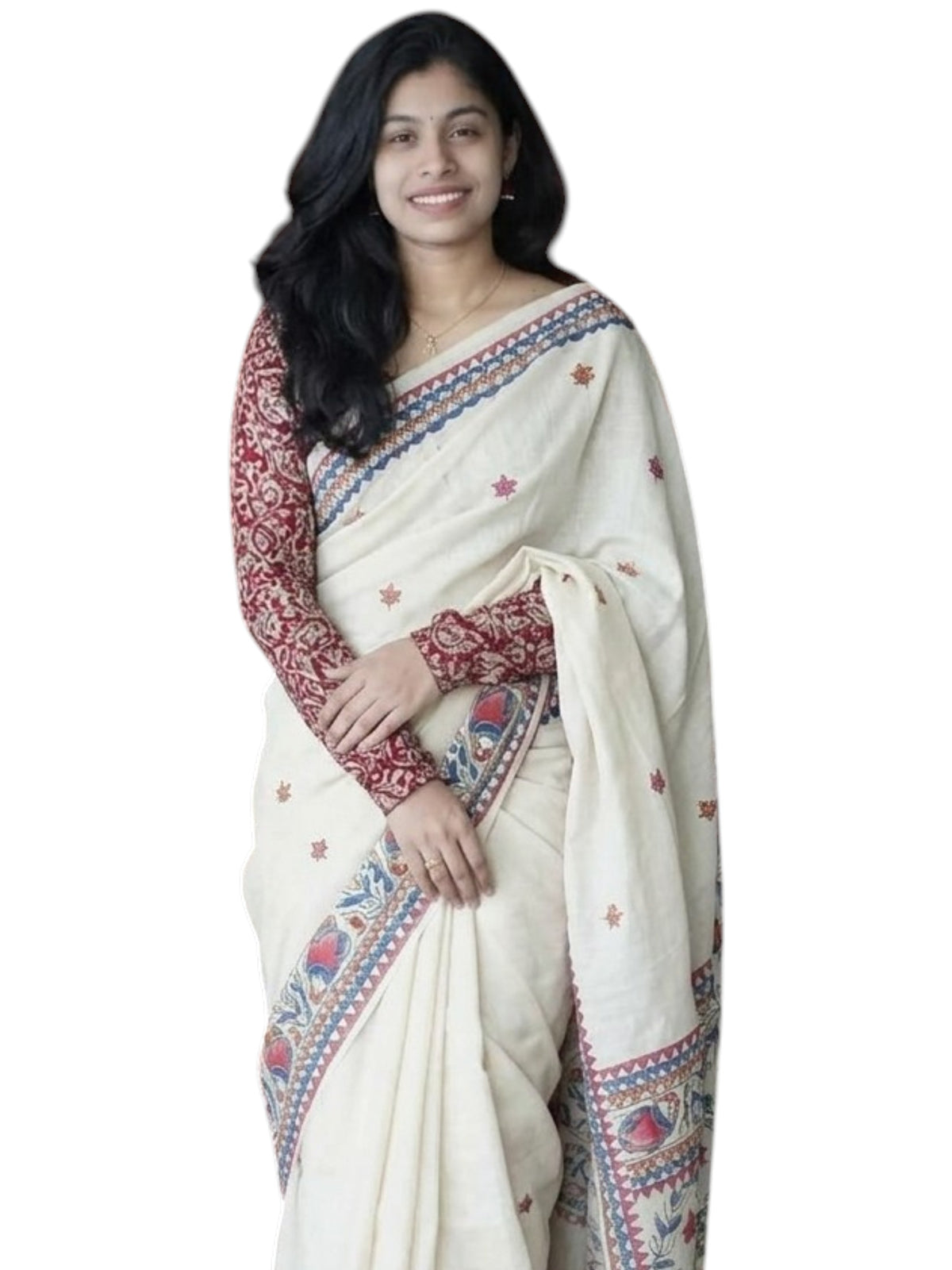 Premium Linen Cotton Saree with Kalamkari Inspired Borders - White | Daily Wear & Festive Wear