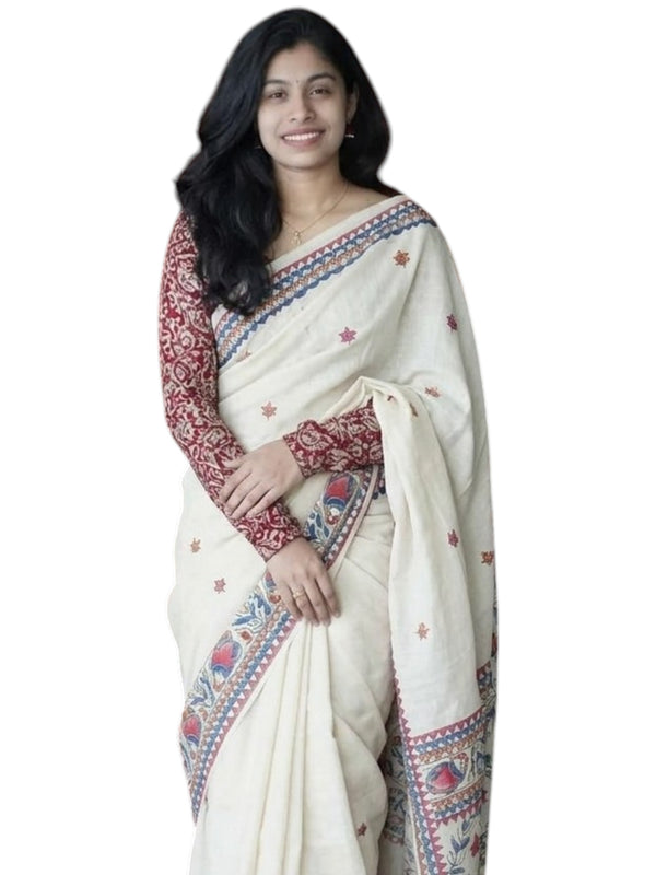 Premium Linen Cotton Saree with Kalamkari Inspired Borders - White | Daily Wear & Festive Wear