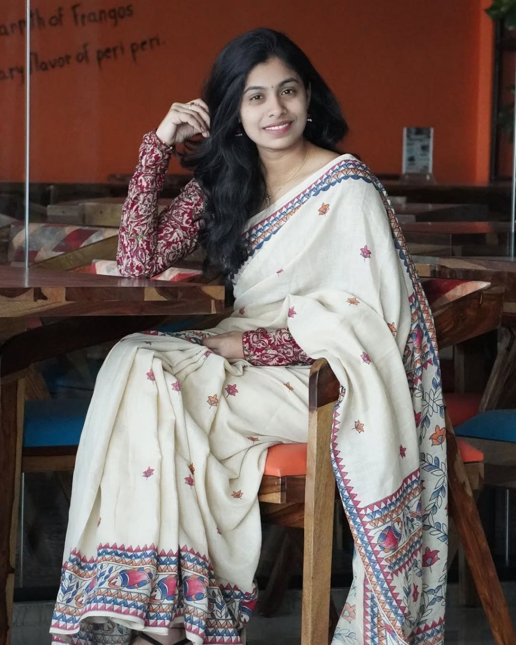 Premium Linen Cotton Saree with Kalamkari Inspired Borders - White | Daily Wear & Festive Wear