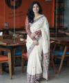 Premium Linen Cotton Saree with Kalamkari Inspired Borders - White | Daily Wear & Festive Wear