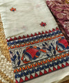 Premium Linen Cotton Saree with Kalamkari Inspired Borders - White | Daily Wear & Festive Wear