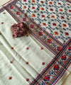 Premium Linen Cotton Saree with Kalamkari Inspired Borders - White | Daily Wear & Festive Wear