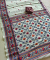 Premium Linen Cotton Saree with Kalamkari Inspired Borders - White | Daily Wear & Festive Wear