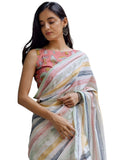 Premium Linen Cotton Saree with Mushroom Print & Striped Pallu - Multi | Daily Wear & Festive Wear