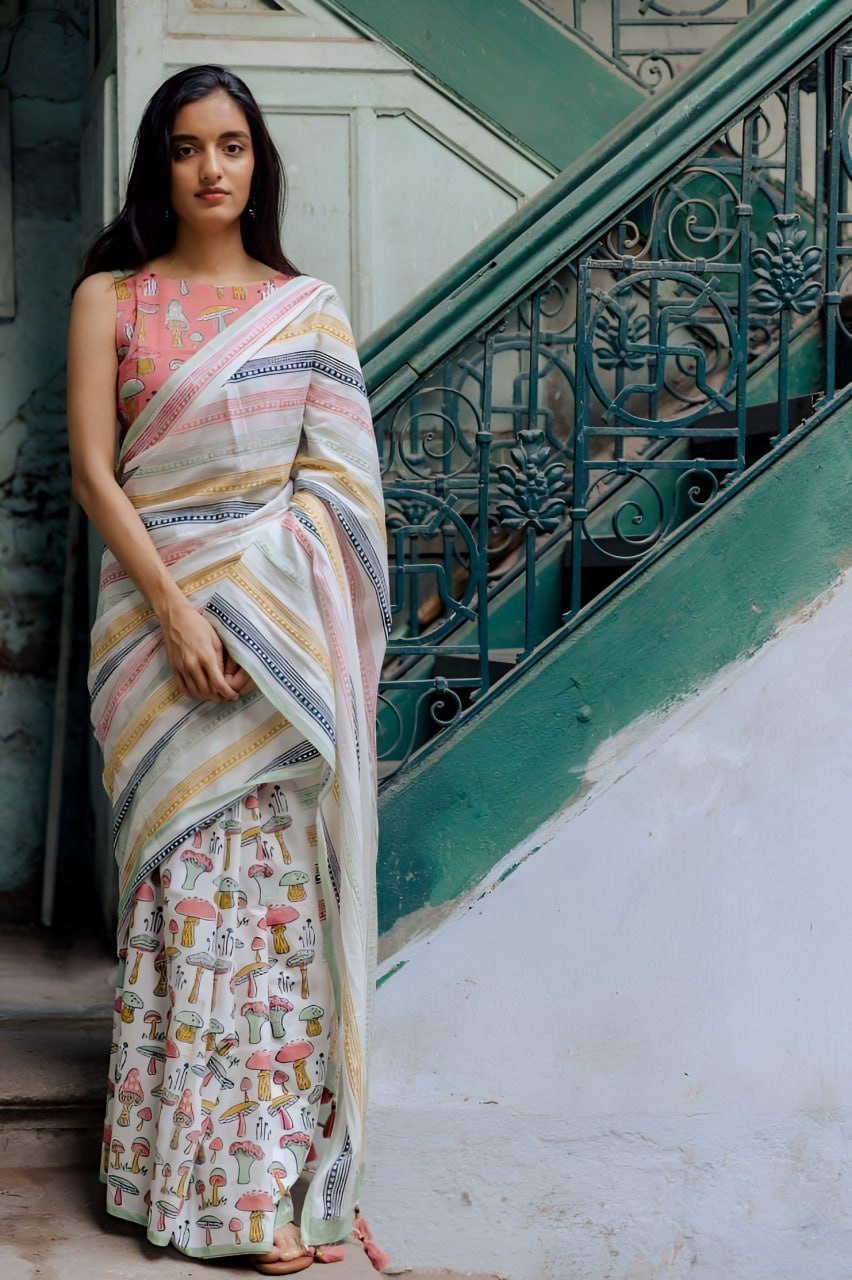 Premium Linen Cotton Saree with Mushroom Print & Striped Pallu - Multi | Daily Wear & Festive Wear