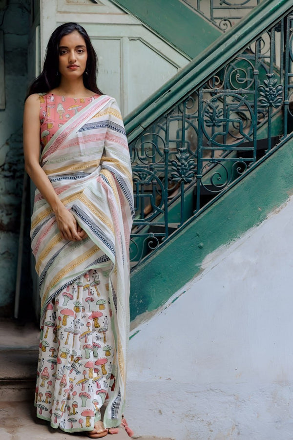 Premium Linen Cotton Saree with Mushroom Print & Striped Pallu - Multi | Daily Wear & Festive Wear