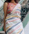 Premium Linen Cotton Saree with Mushroom Print & Striped Pallu - Multi | Daily Wear & Festive Wear