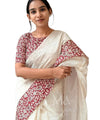 Premium Linen Cotton Saree with Silver Zari Print Border - White | Daily Wear & Festive Wear