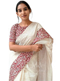 Premium Linen Cotton Saree with Silver Zari Print Border - White | Daily Wear & Festive Wear