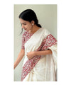 Premium Linen Cotton Saree with Silver Zari Print Border - White | Daily Wear & Festive Wear