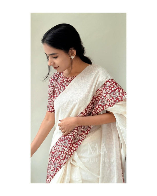 Premium Linen Cotton Saree with Silver Zari Print Border - White | Daily Wear & Festive Wear