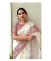 Premium Linen Cotton Saree with Silver Zari Print Border - White | Daily Wear & Festive Wear