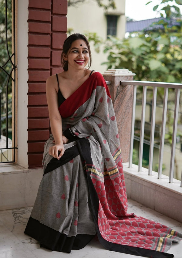 Premium Linen Cotton Saree with Traditional Butti Prints - Grey | Daily Wear & Festive Wear