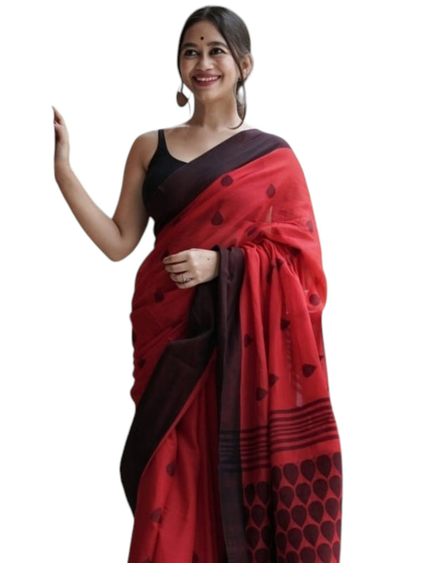 Premium Linen Cotton Saree with Traditional Butti Prints - Red | Daily Wear & Festive Wear