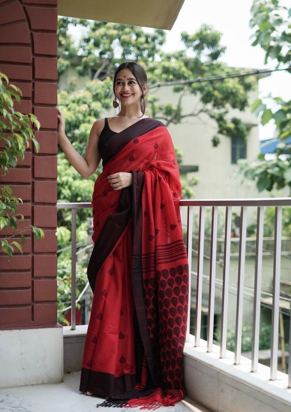 Premium Linen Cotton Saree with Traditional Butti Prints - Red | Daily Wear & Festive Wear