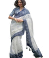 Premium Linen Cotton Saree with Traditional Printed Border - White | Daily Wear & Festive Wear