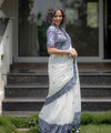 Premium Linen Cotton Saree with Traditional Printed Border - White | Daily Wear & Festive Wear