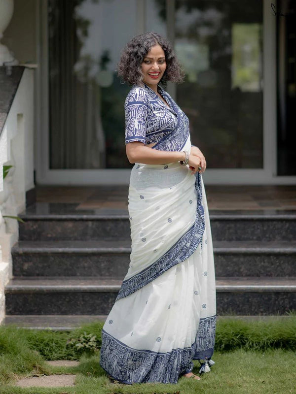 Premium Linen Cotton Saree with Traditional Printed Border - White | Daily Wear & Festive Wear