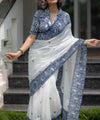 Premium Linen Cotton Saree with Traditional Printed Border - White | Daily Wear & Festive Wear