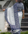 Premium Linen Cotton Saree with Traditional Printed Border - White | Daily Wear & Festive Wear