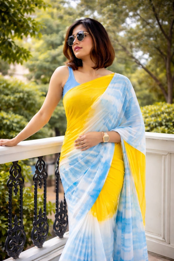 Premium Linen Cotton Shibori Tie-Dye Saree - Yellow | Daily Wear & Festive Wear