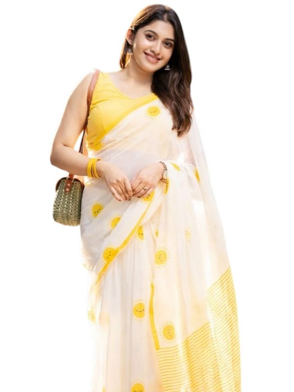 Premium Off-White Linen Cotton Saree | Daily Wear & Festive Wear