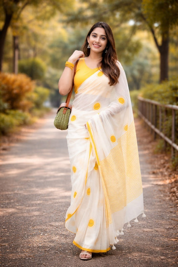 Premium Off-White Linen Cotton Saree | Daily Wear & Festive Wear