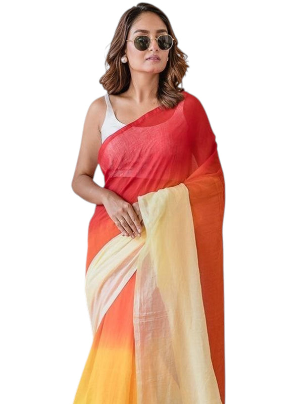 Premium Ombre Linen Cotton Saree in Multi - Sunset Shade | Daily Wear & Festive Wear