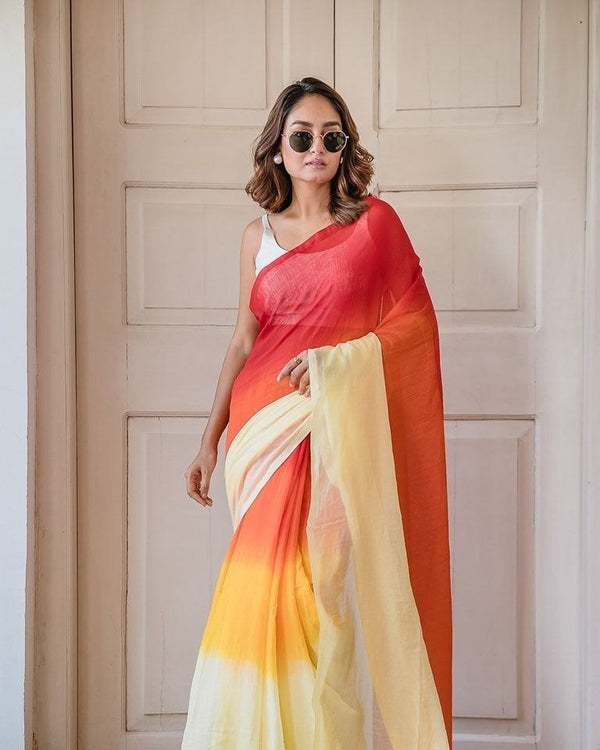 Premium Ombre Linen Cotton Saree in Multi - Sunset Shade | Daily Wear & Festive Wear