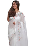 Premium White Linen Cotton Saree with Floral & Bird Hand Paint | Daily Wear & Festive Wear