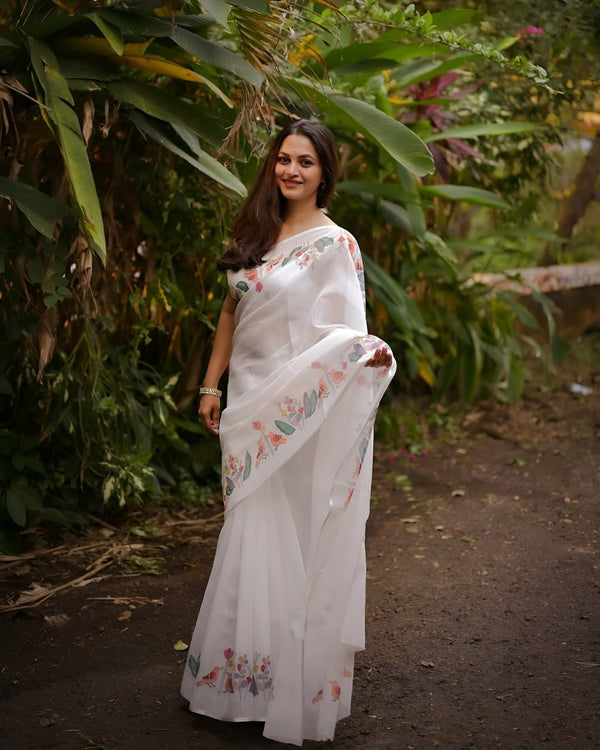 Premium White Linen Cotton Saree with Floral & Bird Hand Paint | Daily Wear & Festive Wear