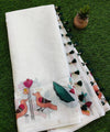 Premium White Linen Cotton Saree with Floral & Bird Hand Paint | Daily Wear & Festive Wear
