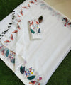 Premium White Linen Cotton Saree with Floral & Bird Hand Paint | Daily Wear & Festive Wear
