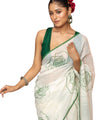 Premium White Linen Cotton Saree with Green Floral Rose Prints | Daily Wear & Festive Wear