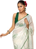 Premium White Linen Cotton Saree with Green Floral Rose Prints | Daily Wear & Festive Wear