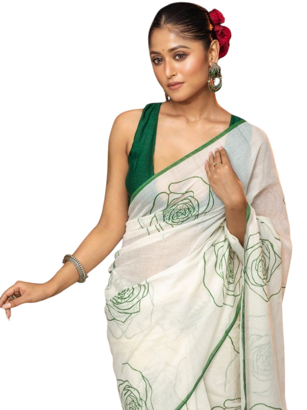 Premium White Linen Cotton Saree with Green Floral Rose Prints | Daily Wear & Festive Wear