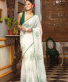 Premium White Linen Cotton Saree with Green Floral Rose Prints | Daily Wear & Festive Wear
