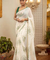 Premium White Linen Cotton Saree with Green Floral Rose Prints | Daily Wear & Festive Wear