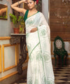 Premium White Linen Cotton Saree with Green Floral Rose Prints | Daily Wear & Festive Wear