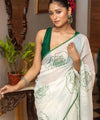 Premium White Linen Cotton Saree with Green Floral Rose Prints | Daily Wear & Festive Wear