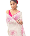 Premium White Linen Cotton Saree with Pink Floral Rose Prints | Daily Wear & Festive Wear