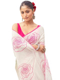 Premium White Linen Cotton Saree with Pink Floral Rose Prints | Daily Wear & Festive Wear